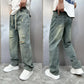 2025 Summer American Retro Loose Straight Leg Jeans for Men with Torn Holes, Patch Fabric, Versatile Long Pants in Blue