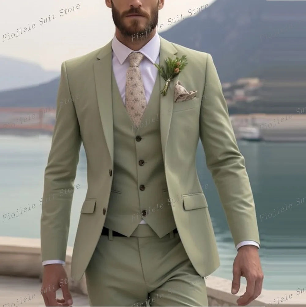 New Beige Business Suit Men Tuxedos Groom Groomsman Prom Wedding Party Formal 3 Piece Set Jacket Vest Pants