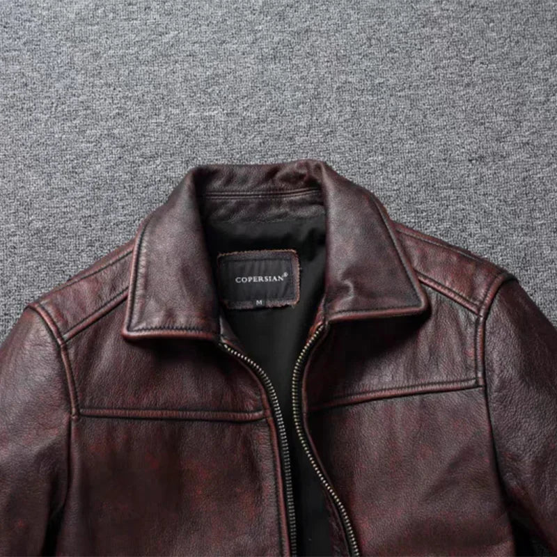 Retro Distressed Lapel First Layer Cowhide Leather Motorcycle Jacket Men's Slim Short Classic Men's Leather Jacket