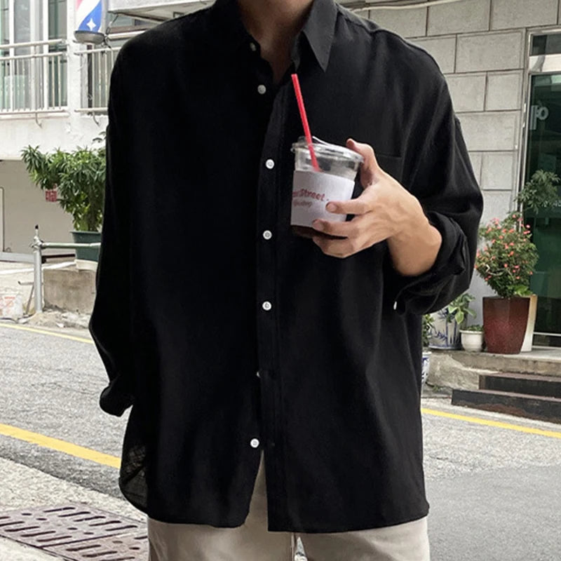 2025 Spring Fall Casual Shirts Mens Long Sleeve Buttoned Leisure Cardigan Tops For Men Trendy Solid Color Turn-down Collar Shirt