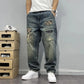 2025 Summer American Retro Loose Straight Leg Jeans for Men with Torn Holes, Patch Fabric, Versatile Long Pants in Blue