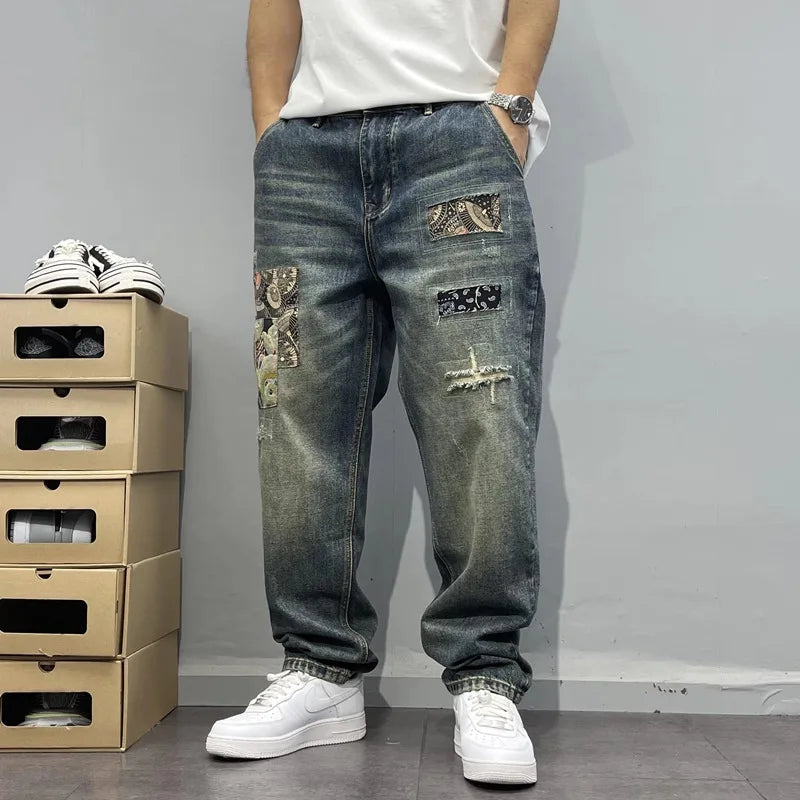 2025 Summer American Retro Loose Straight Leg Jeans for Men with Torn Holes, Patch Fabric, Versatile Long Pants in Blue