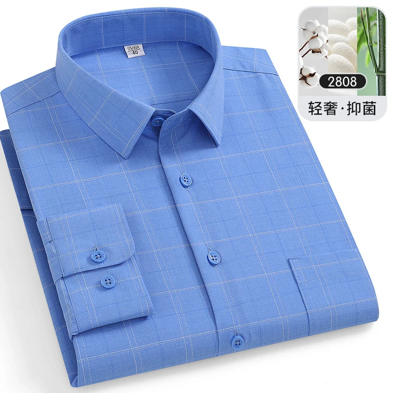 Large Size 8XL-7XL-6XL Men's Shirts Bamboo Fiber Long Sleeve Anti-wrinkle Soft Casual Fashion Business Plaid Shirt Male Clothing