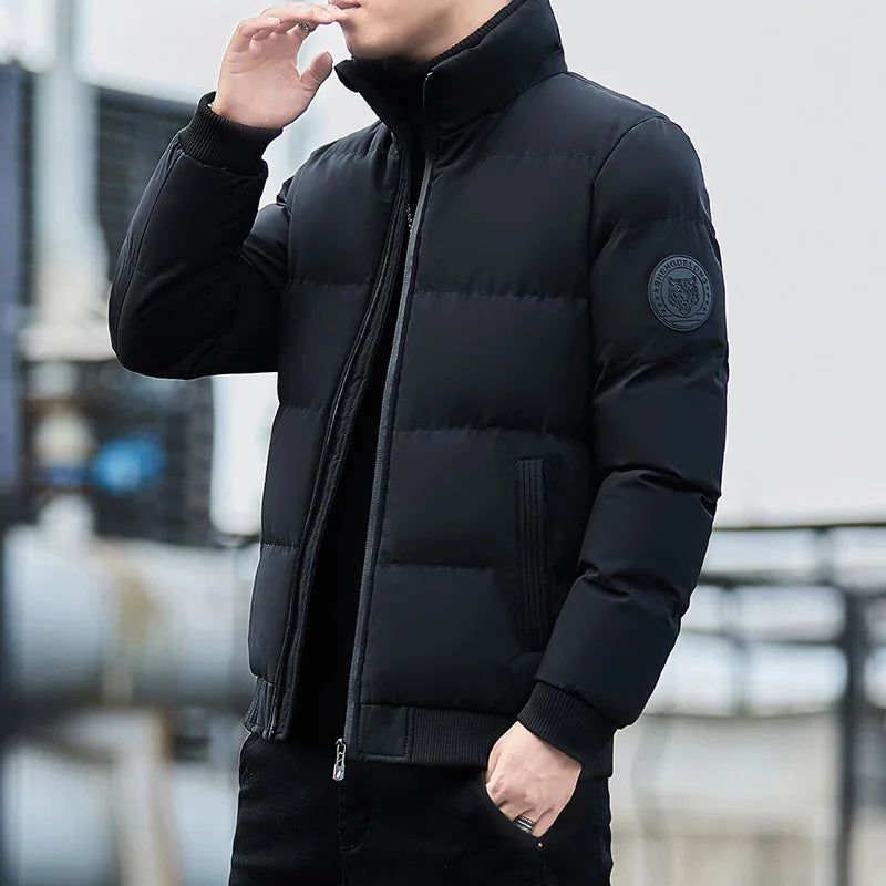 Men's Winter Thickened Short Cotton Jacket Stand Collar Loose Casual Fashionable Polyester Fiber Zipper Closure Solid Color