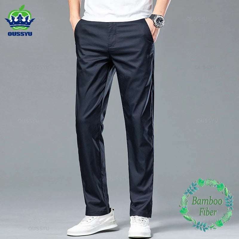 New Summer Cosy Soft Bamboo Fiber Straight Suit Pants Men Business Stretch Thin Navy Blue Casual Trousers Male Large Size 40 42