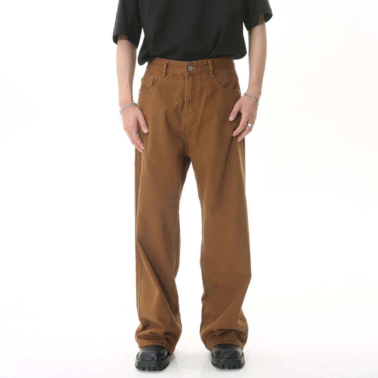 2025 Apricot black Men's Wear New Coffee Casual Denim Trousers Spring Loose Simple Vintage Wide Leg Male Jeans Korean Fashion