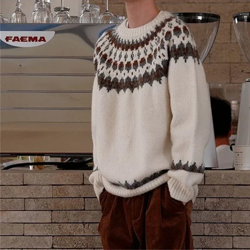 Spring Men's Fair Isle Jacquard Sweater Vintage Loose Printed Crewneck Knit Pullovers Korean Fashion Y2K Streetwear Jumpers