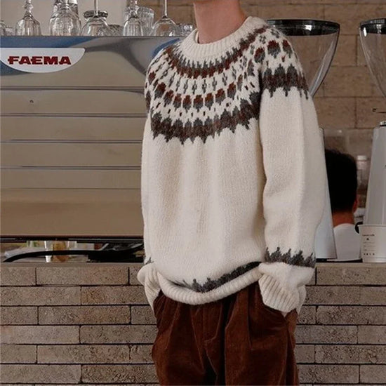 Spring Men's Fair Isle Jacquard Sweater Vintage Loose Printed Crewneck Knit Pullovers Korean Fashion Y2K Streetwear Jumpers