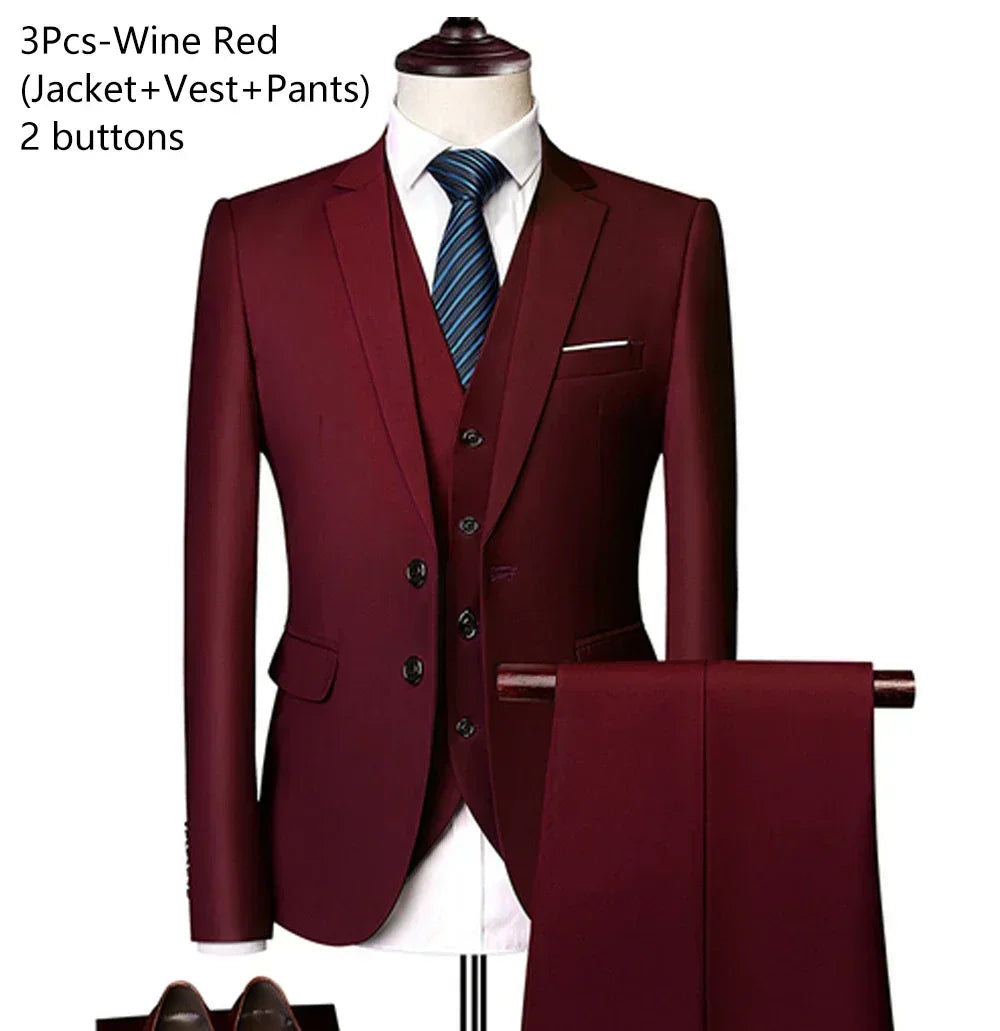 Men's 3 Piece Suit Set Solid Color for Wedding Formal Business Dress Blazer Vest Pants Classic Tuxedo Party Groomsmen