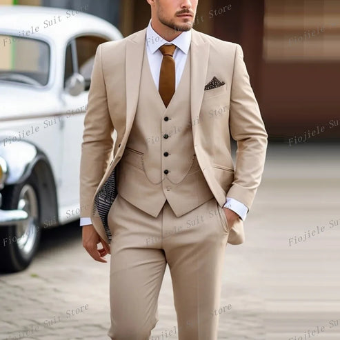 New Beige Business Suit Men Tuxedos Groom Groomsman Prom Wedding Party Formal 3 Piece Set Jacket Vest Pants