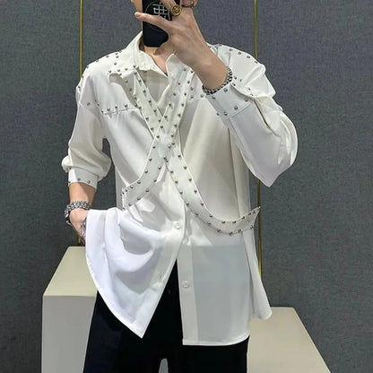 Mens Ribbons Rivets Shirts Autumn Streetwear Fashion Trends Campus Performances Casual Long-Sleeve Tops Men'S Clothing 2024