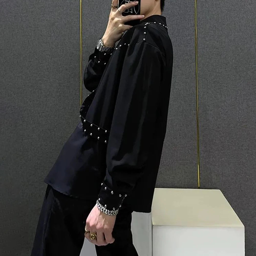 Mens Ribbons Rivets Shirts Autumn Streetwear Fashion Trends Campus Performances Casual Long-Sleeve Tops Men'S Clothing 2024
