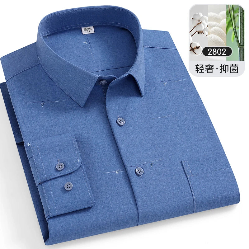 Large Size 8XL-7XL-6XL Men's Shirts Bamboo Fiber Long Sleeve Anti-wrinkle Soft Casual Fashion Business Plaid Shirt Male Clothing