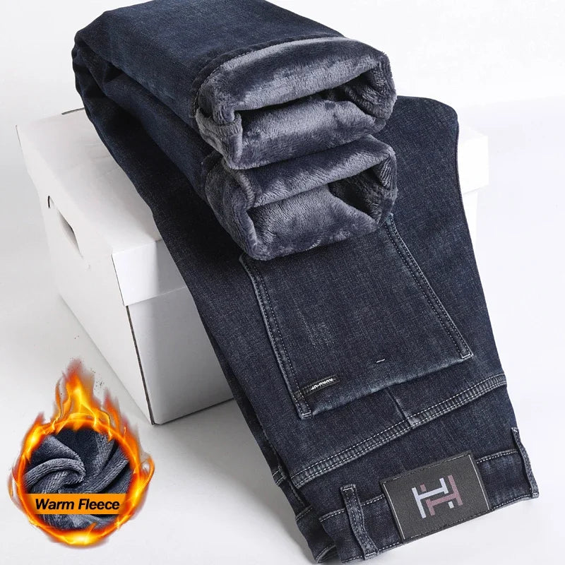 Winter Fleece Lined Warm Men's Jeans Slim Straight Korean Velvet Denim Pants Retro Soft Thick Casual Trousers Daily Outdoor Wear