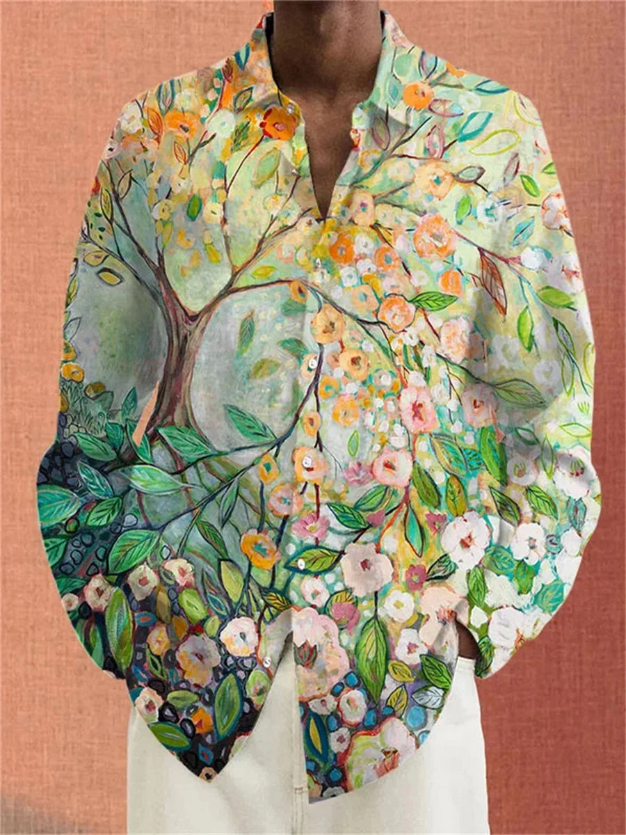 Men's Shirt Long Sleeve Lapel Loose Casual Outdoor Spring Summer High Quality Material Map Stitching Plaid 3D Printing Plus Size