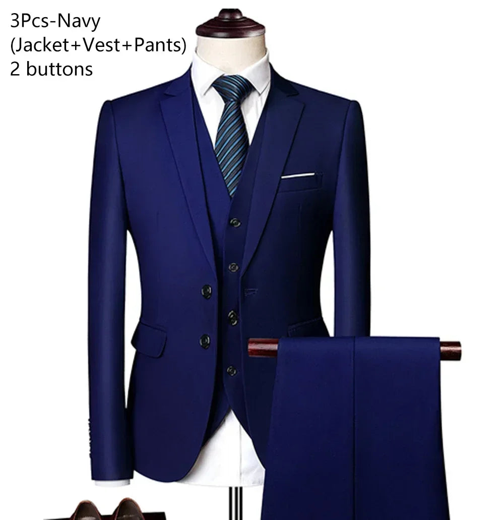 Men's 3 Piece Suit Set Solid Color for Wedding Formal Business Dress Blazer Vest Pants Classic Tuxedo Party Groomsmen
