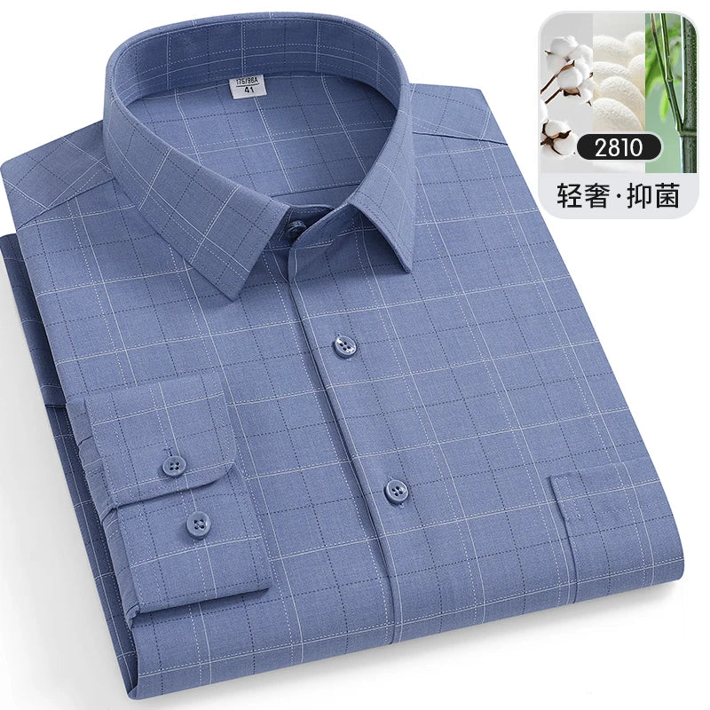 Large Size 8XL-7XL-6XL Men's Shirts Bamboo Fiber Long Sleeve Anti-wrinkle Soft Casual Fashion Business Plaid Shirt Male Clothing