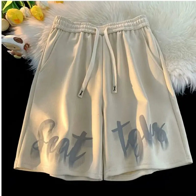Summer Thin Vintage Patchwork Straight Loose Printed Letter Shorts Men Elastic Waist Drawing Pockets Versatile Wide Leg Pants