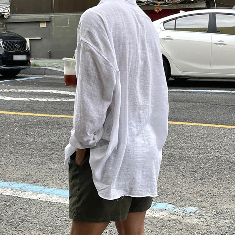 2025 Spring Fall Casual Shirts Mens Long Sleeve Buttoned Leisure Cardigan Tops For Men Trendy Solid Color Turn-down Collar Shirt