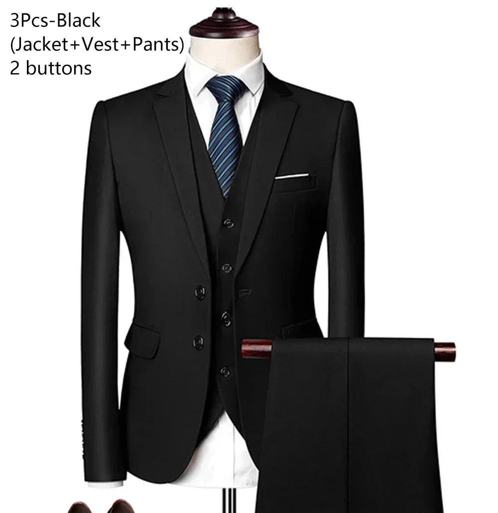 Men's 3 Piece Suit Set Solid Color for Wedding Formal Business Dress Blazer Vest Pants Classic Tuxedo Party Groomsmen