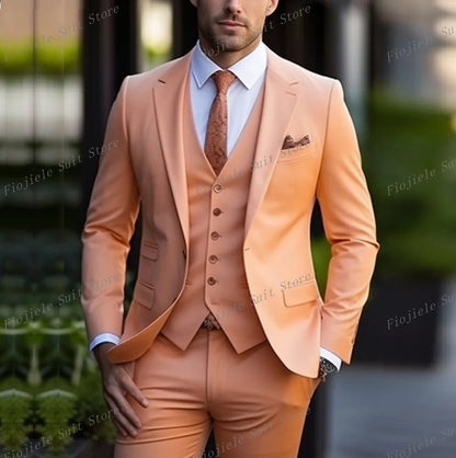 New Beige Business Suit Men Tuxedos Groom Groomsman Prom Wedding Party Formal 3 Piece Set Jacket Vest Pants