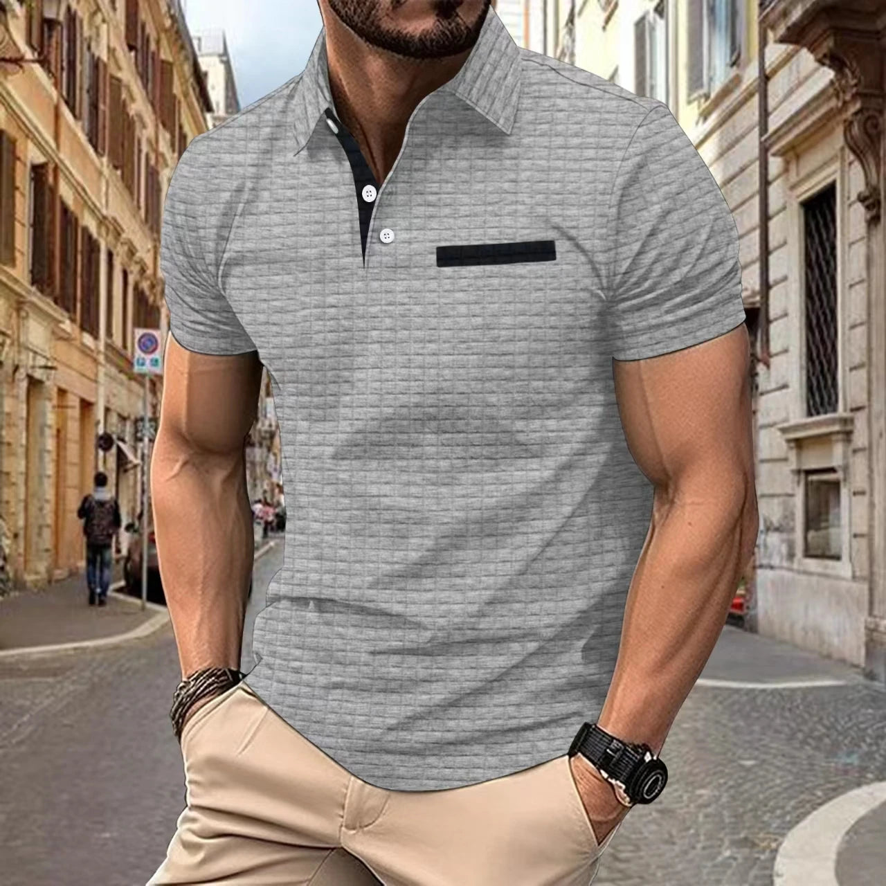 Summer new men's POLO shirt outdoor casual solid-color checkered false pocket design breathable lapel short-sleeved top