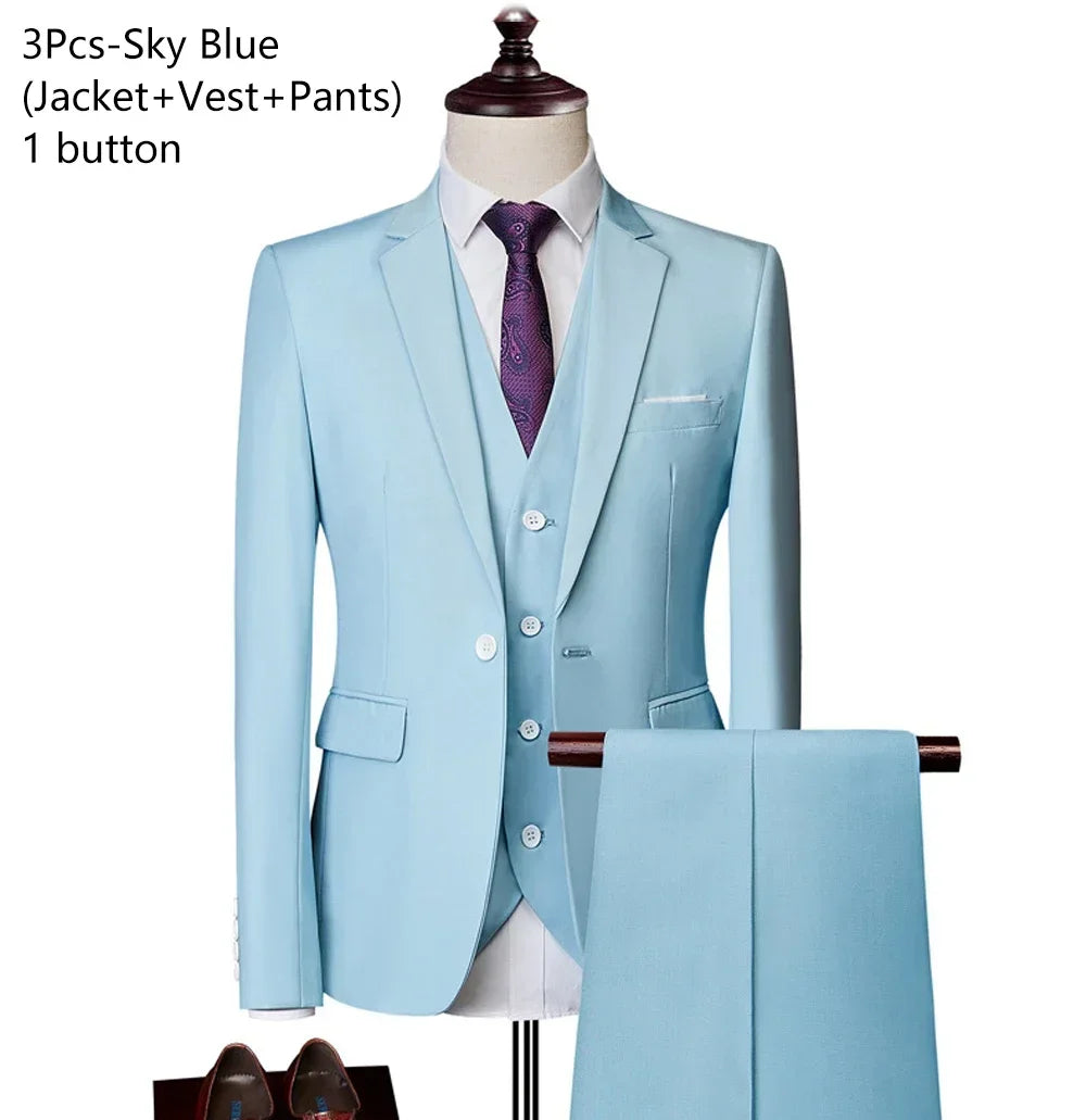 Men's 3 Piece Suit Set Solid Color for Wedding Formal Business Dress Blazer Vest Pants Classic Tuxedo Party Groomsmen