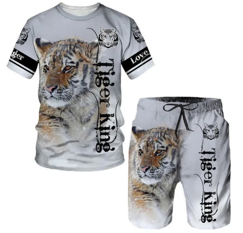 New Summer Men's Sets Shorts Outfits 3D Tiger Printed Short Sleeve T-shirt Two Pieces Casual Tracksuit Oversized Beach Sportwear