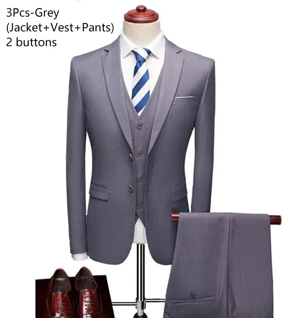 Men's 3 Piece Suit Set Solid Color for Wedding Formal Business Dress Blazer Vest Pants Classic Tuxedo Party Groomsmen