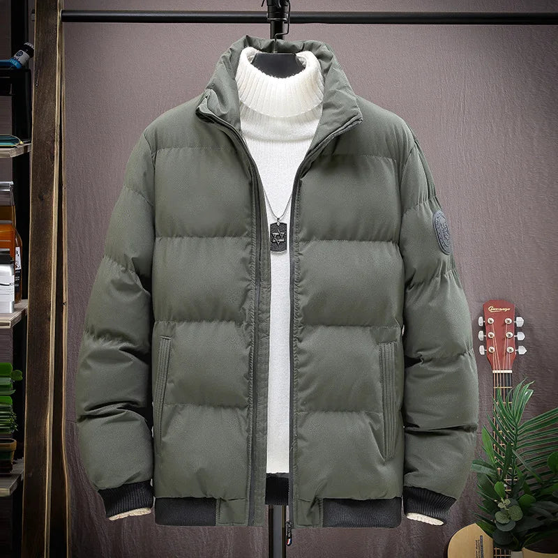 Men's Winter Thickened Short Cotton Jacket Stand Collar Loose Casual Fashionable Polyester Fiber Zipper Closure Solid Color