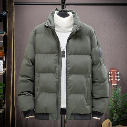 Men's Winter Thickened Short Cotton Jacket Stand Collar Loose Casual Fashionable Polyester Fiber Zipper Closure Solid Color