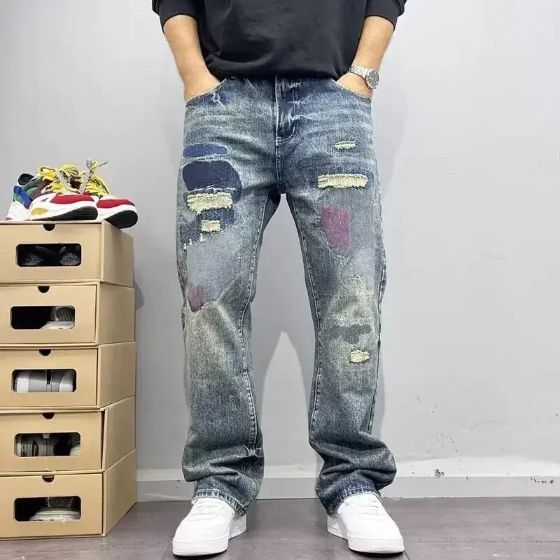 2025 Summer American Retro Loose Straight Leg Jeans for Men with Torn Holes, Patch Fabric, Versatile Long Pants in Blue