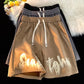 Summer Thin Vintage Patchwork Straight Loose Printed Letter Shorts Men Elastic Waist Drawing Pockets Versatile Wide Leg Pants