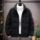 Men's Winter Thickened Short Cotton Jacket Stand Collar Loose Casual Fashionable Polyester Fiber Zipper Closure Solid Color