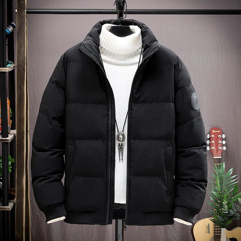 Men's Winter Thickened Short Cotton Jacket Stand Collar Loose Casual Fashionable Polyester Fiber Zipper Closure Solid Color