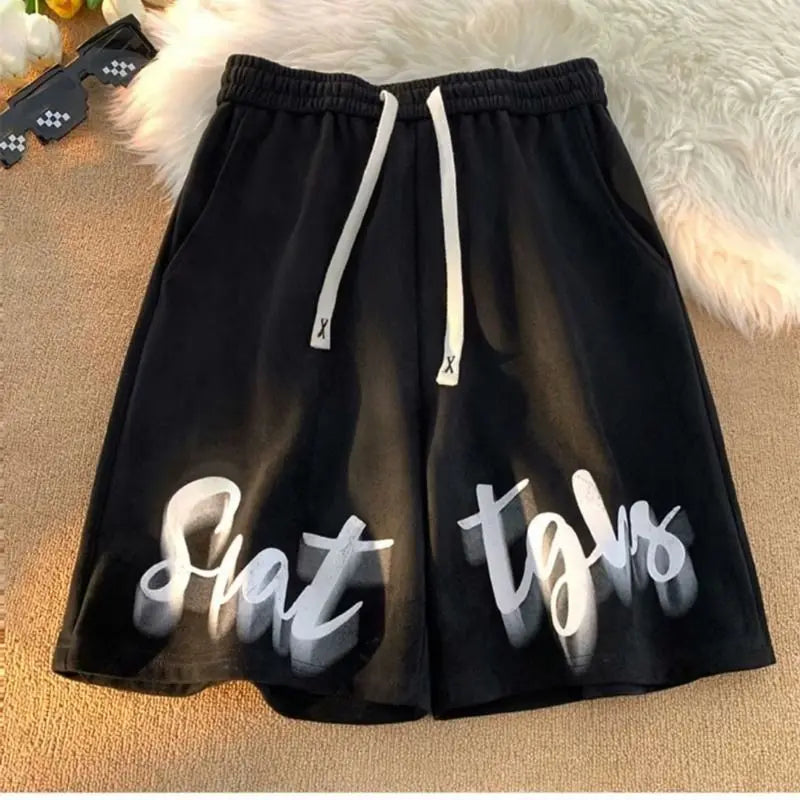 Summer Thin Vintage Patchwork Straight Loose Printed Letter Shorts Men Elastic Waist Drawing Pockets Versatile Wide Leg Pants