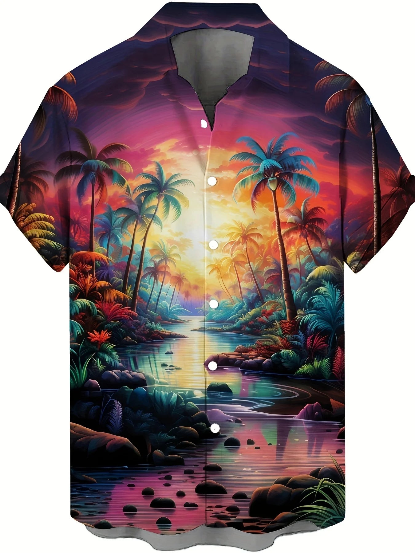 Men's Hawaiian Shirts Summer Casual Hawaiian Palm Tree Landscape Print Button Lapel Short Sleeve Shirts Men's Short Sleeve Shirt