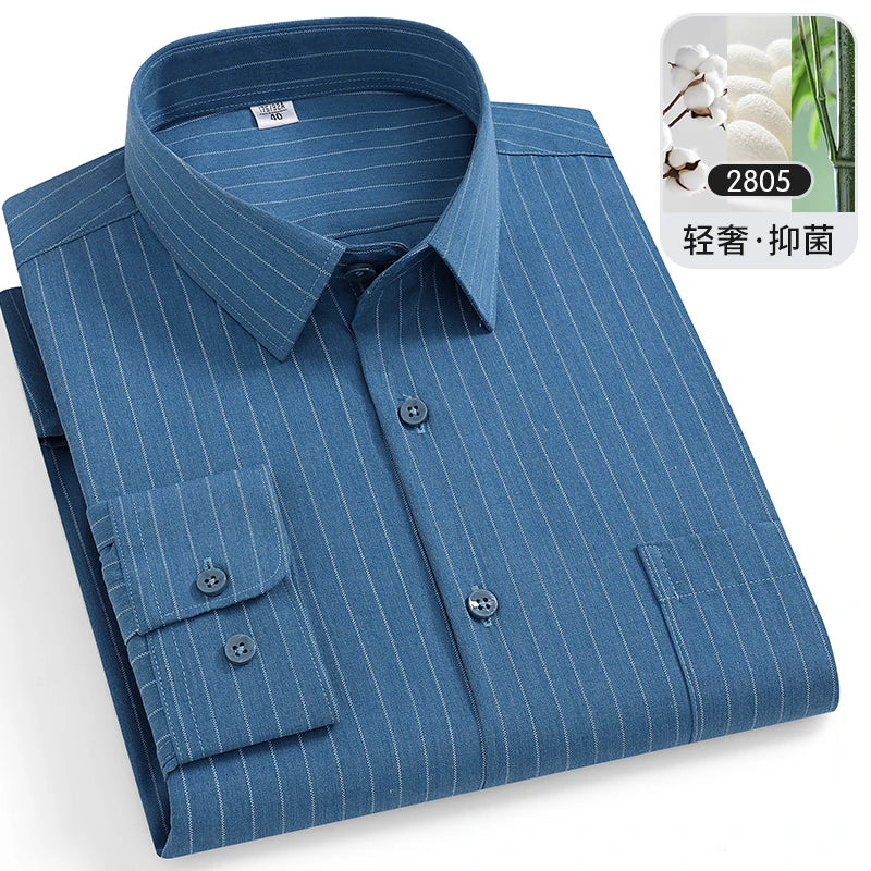 Large Size 8XL-7XL-6XL Men's Shirts Bamboo Fiber Long Sleeve Anti-wrinkle Soft Casual Fashion Business Plaid Shirt Male Clothing