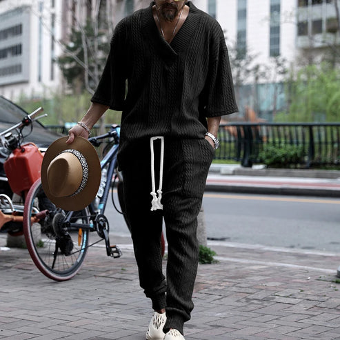 New European and American Casual Loose Three-Quarter Sleeve Jacquard Knitwear Top Plus Pants Men's Casual Personalit