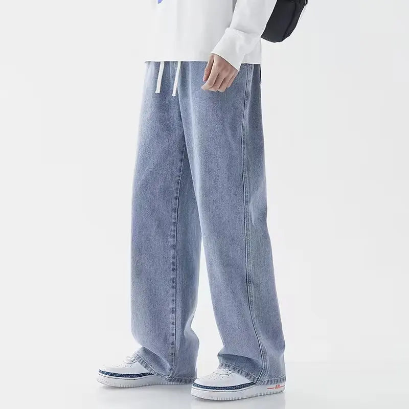 2025 New Korean Men's Casual Long Jeans Classic Man Straight Denim Wide-leg Pants Gyms Solid Color Light Blue Grey Black M-3XL