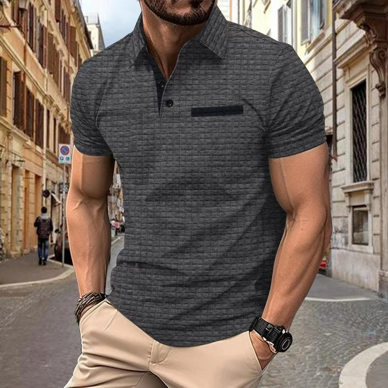 Summer new men's POLO shirt outdoor casual solid-color checkered false pocket design breathable lapel short-sleeved top