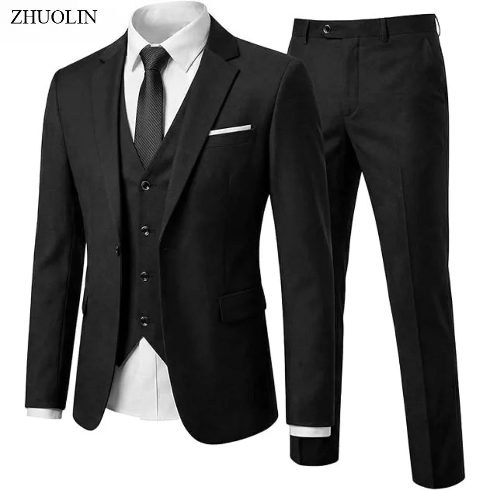 Men's 3 Piece Suit Set Solid Color for Wedding Formal Business Dress Blazer Vest Pants Classic Tuxedo Party Groomsmen
