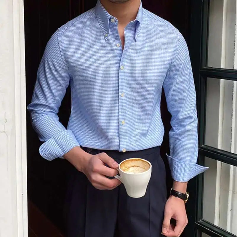 British Fashion Slim Shirt Trend Men Shirt Office Tuxedo Shirt Social Business Lattice Shirts Men Cuba Collar Long Sleeve Shirt