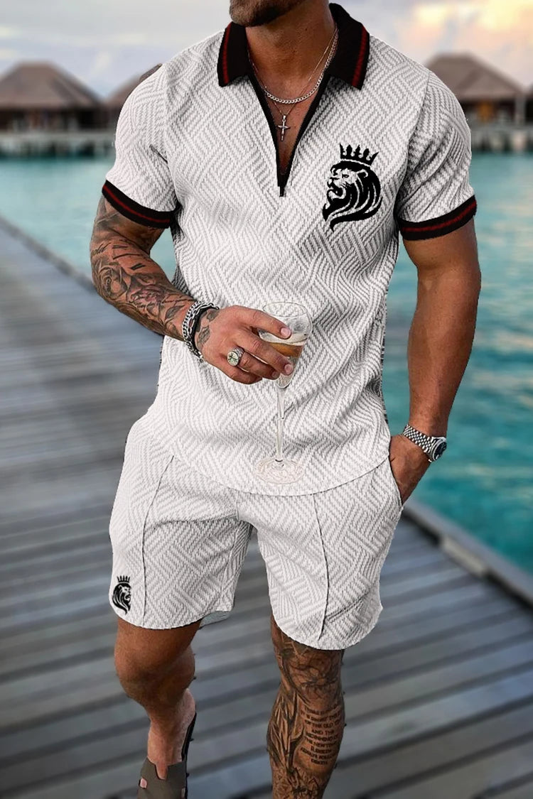 Summer Men's Luxury Polo Shirt Shorts Suit Fashion Trend Tracksuit 2 Pieces Vintage Tiger Print Outfit Set Male Casual Clothing