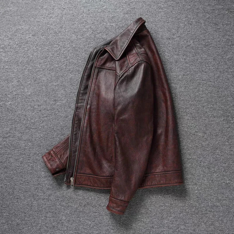 Retro Distressed Lapel First Layer Cowhide Leather Motorcycle Jacket Men's Slim Short Classic Men's Leather Jacket