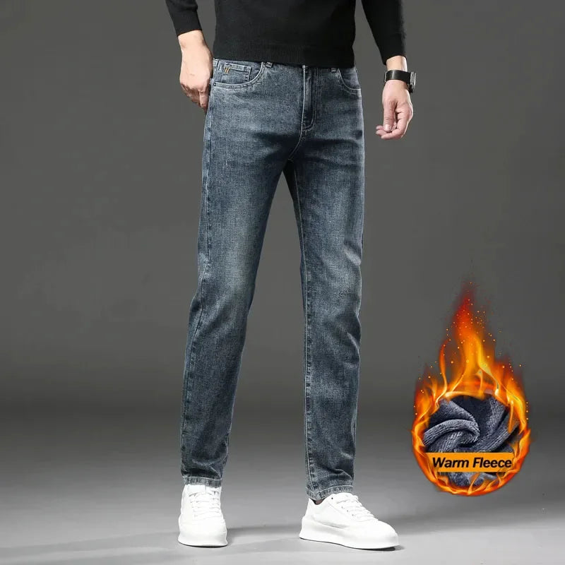 Winter Fleece Lined Warm Men's Jeans Slim Straight Korean Velvet Denim Pants Retro Soft Thick Casual Trousers Daily Outdoor Wear