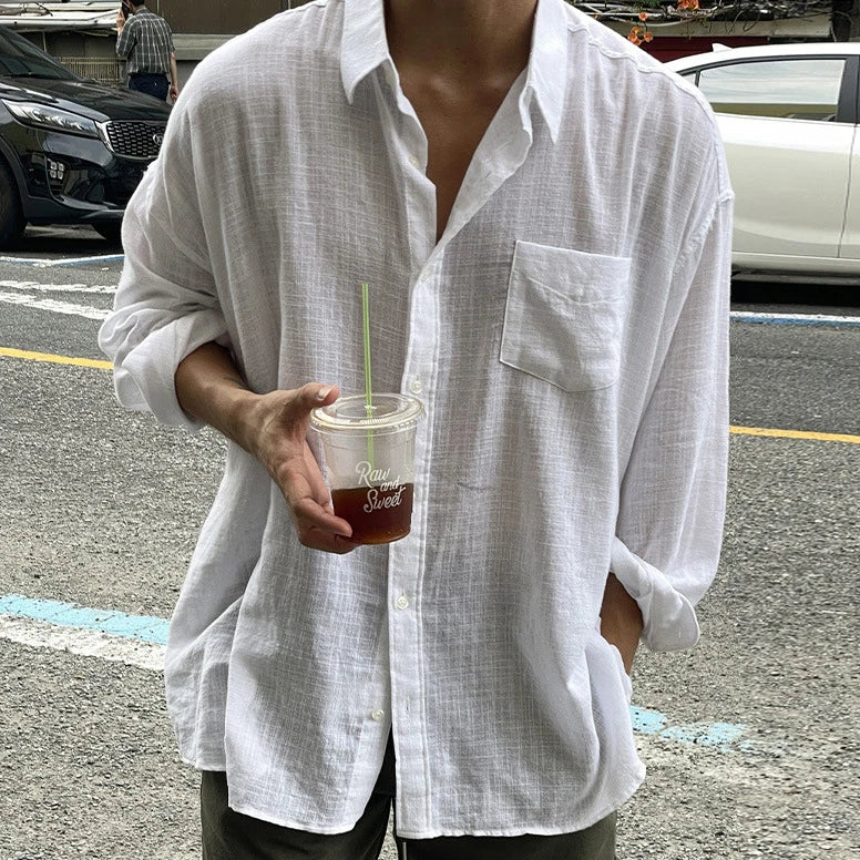 2025 Spring Fall Casual Shirts Mens Long Sleeve Buttoned Leisure Cardigan Tops For Men Trendy Solid Color Turn-down Collar Shirt