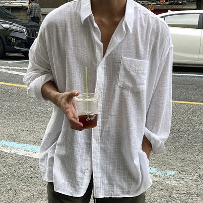 2025 Spring Fall Casual Shirts Mens Long Sleeve Buttoned Leisure Cardigan Tops For Men Trendy Solid Color Turn-down Collar Shirt