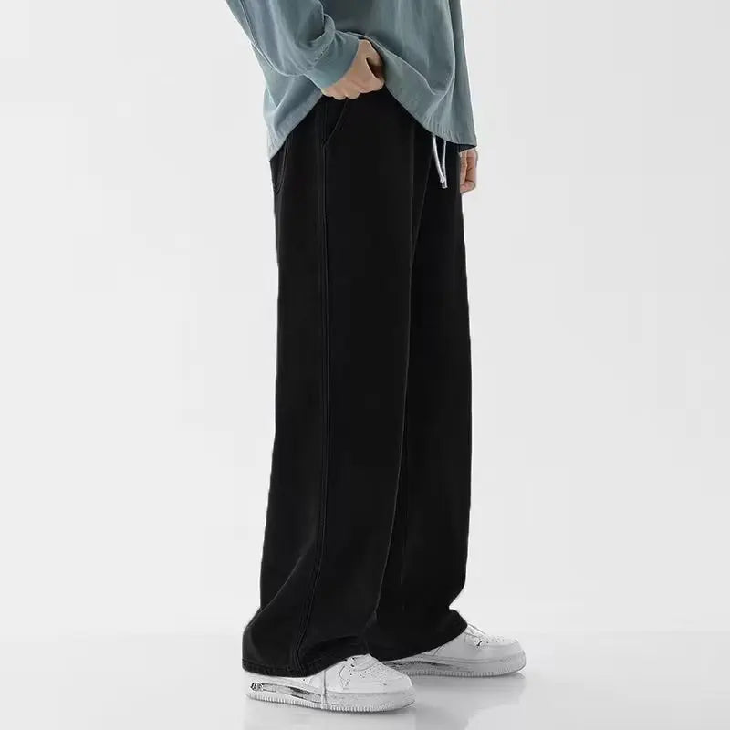 2025 New Korean Men's Casual Long Jeans Classic Man Straight Denim Wide-leg Pants Gyms Solid Color Light Blue Grey Black M-3XL