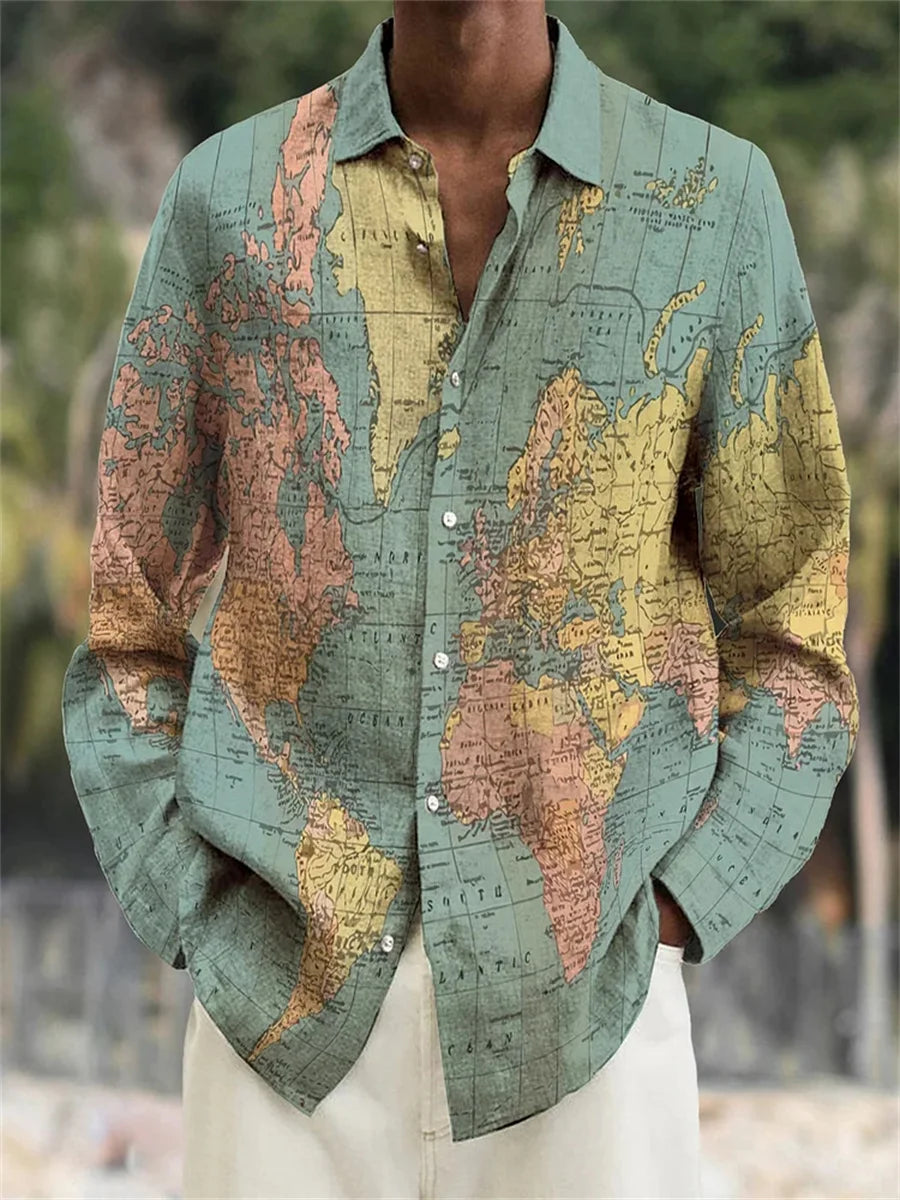 Men's Shirt Long Sleeve Lapel Loose Casual Outdoor Spring Summer High Quality Material Map Stitching Plaid 3D Printing Plus Size